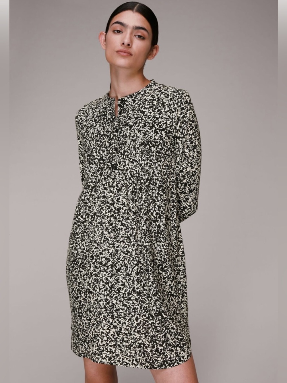 Whistles Piper Abstract Print Woven Mini Shirtdress Black Cream US 4